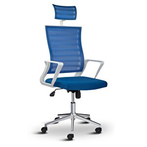 Ceo Fileli Başlıklı Metal Ayaklı Çalışma Koltuğu Ofis Sandalyesi Mavi