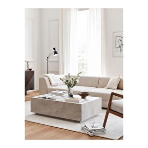 Lesley, Kare Traverten Mermer Desenli Modern Orta Sehpa, Krem Krem