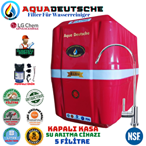 Aqua Deutsche Premium Kirmizi Beyaz Renk 8 Litrelik  Pompali Ücretsi̇z Montaj Gümüş İyon Tatlandiricili Su Arıtma Cihazı