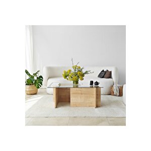 Piano, Yeni Nesil Modern Dikdörtgen Cam Orta Sehpa, Natural Naturel Ceviz