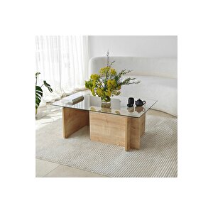 Piano, Yeni Nesil Modern Dikdörtgen Cam Orta Sehpa, Natural Naturel Ceviz
