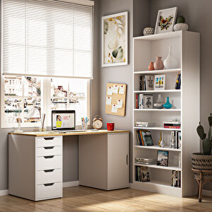 Clm112-Meşe Dolaplı Ve 5 Çekmeceli Çalışma Masası