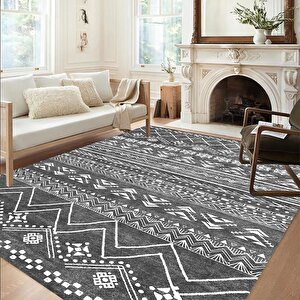 Etnik Desen Halı, İskandinav Halı, Gri Renk Halı, Salon Halısı, Yıkanabilir Halı, Kaymaz Taban, Mutfak Halısı, Yolluk, Bohem Dekorasyon 150x200 cm