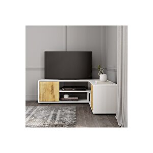 Roza Kapaklı, Açık Raflı Köşe Tv Ünitesi, Tv Sehpası Beyaz/kilim Beyaz
