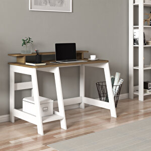 Country Ergonomik Çalışma Masası, Modern Bilgisayar Masası - Beyaz/Antik Ceviz, Ev-ofis Beyaz-Kahverengi