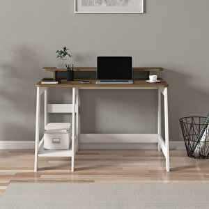 Country Ergonomik Çalışma Masası, Modern Bilgisayar Masası - Beyaz/Antik Ceviz, Ev-ofis Beyaz-Kahverengi