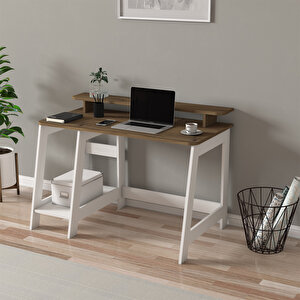 Country Ergonomik Çalışma Masası, Modern Bilgisayar Masası - Beyaz/Antik Ceviz, Ev-ofis Beyaz-Kahverengi