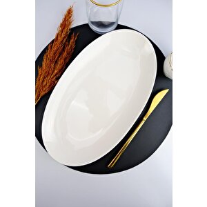Lombardino Minimalist Modern Sade Tekli Porselen Kayık Tabak 30 Cm