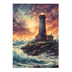 Deniz Feneri Ve Dalgalar Desenli Ahşap Tablo 35cm X50cm 35x50 cm