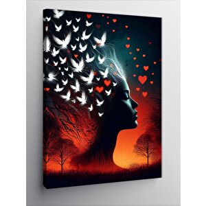 Kanvas Tablo Kadın Ve Kalpli Kuşlar 100x140 cm