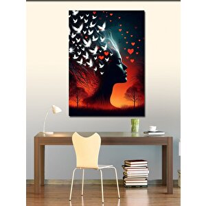 Kanvas Tablo Kadın Ve Kalpli Kuşlar 100x140 cm