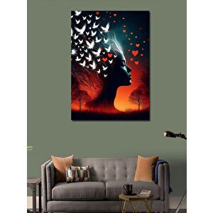 Kanvas Tablo Kadın Ve Kalpli Kuşlar 100x140 cm