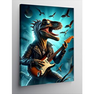 Kanvas Tablo Elektro Gitar Çalan Dinazor Ve Kuşlar