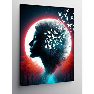 Kanvas Tablo Kuş Saçlı Kadın Ve Kırmızı Dolunay 70x100 cm