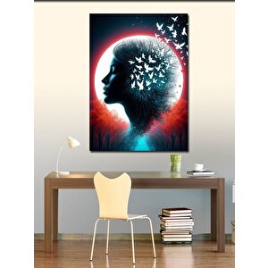 Kanvas Tablo Kuş Saçlı Kadın Ve Kırmızı Dolunay 70x100 cm