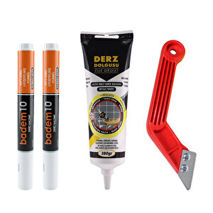 3'lü SET Fayans Beyaz Derz Yenileme Seti 380 Gr Derz Dolgu + Derz Kazıyıcı + 2'li Derz Kalemi