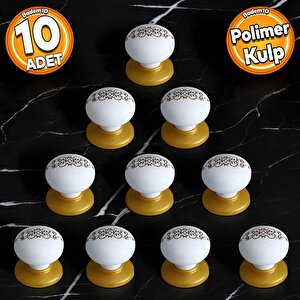 Polimer Kulp Düğme Desenli Beyaz Gold Tabla Dolap Mobilya Mutfak Dolabı Çekmece Kulpu Kulbu 10 Adet