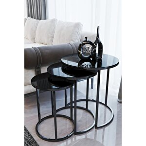 Ecol Desing Siyah Metal Siyah Cam Zigon Sehpa 3 Lü