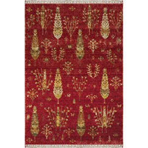 Galata 08 Kırmızı Halı Otantik Salon Halısı Iskandinav Bambu Halı El Dokuma Koridor Halısı 200x290 cm