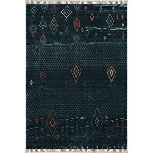 Galata 08 Mavi Halı Otantik Salon Halısı İskandinav Bambu Halı El Dokuma Koridor Halısı 200x290 cm