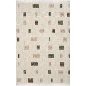 Jerry 02 Yeşil Bej Bukle Örgülü Salon Halısı Yumuşak Dokulu Hol Halısı Kesme Halı Yolluk 80x450 cm