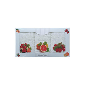 3 Lü Meyve Baskılı %100 Pamuklu Mutfak Havlusu 30 X 50 Cm Kırmızı