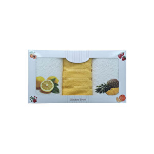 3 Lü Meyve Baskılı %100 Pamuklu Mutfak Havlusu 30 X 50 Cm Sarı