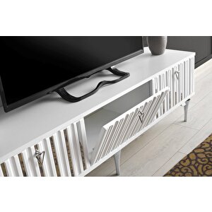 150 Cm Dubai̇ Metal Ayak-mdf Mebran Kapak Tv Sehpasi Beyaz Gümüş