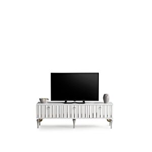 150 Cm Dubai̇ Metal Ayak-mdf Mebran Kapak Tv Sehpasi Beyaz Gümüş