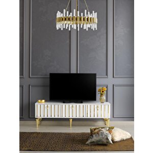 150 Cm Dubai̇ Metal Ayak-mdf Mebran Kapak Tv Sehpasi Beyaz Gold