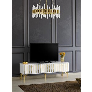 150 Cm Dubai̇ Metal Ayak-mdf Mebran Kapak Tv Sehpasi Beyaz Gold