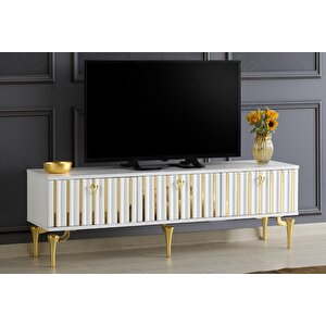 150 Cm Dubai̇ Metal Ayak-mdf Mebran Kapak Tv Sehpasi Beyaz Gold