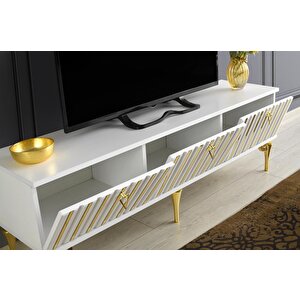 150 Cm Dubai̇ Metal Ayak-mdf Mebran Kapak Tv Sehpasi Beyaz Gold