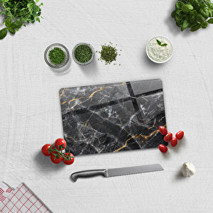 Cam Kesme Tahtası - Cam Kesme Tablası  | Kahverengi Detaylı Siyah Mermer Görünümlü | 20cm X 30cm