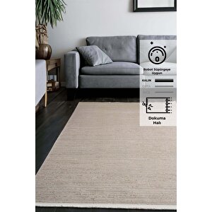 Konfor Parla 5787 Bej Kadife İplikli Salon Mutfak Oturma Odası Halısı Modern Dokuma Halı 80x300 cm