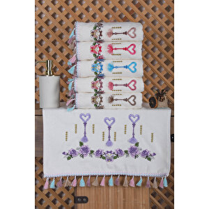 6 Lı Kalp Çiçek Nakışlı Mutfak Havlusu Püsküllü Hediyelik Çeyizlik Kalpli Mutfak Havlu Takımı 30 X 50 Cm Çok Renkli