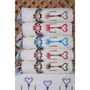 6 Lı Kalp Çiçek Nakışlı Mutfak Havlusu Püsküllü Hediyelik Çeyizlik Kalpli Mutfak Havlu Takımı 30 X 50 Cm Çok Renkli
