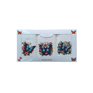 3 Lü Kelebek Baskılı %100 Pamuklu Mutfak Havlusu 30 X 50 Cm Mor
