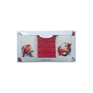 3 Lü Kuş Baskılı %100 Pamuklu Mutfak Havlusu 30 X 50 Cm Kırmızı