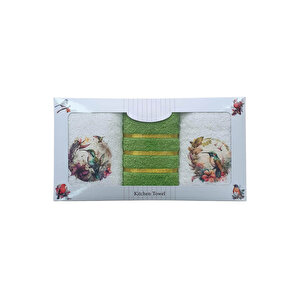 3 Lü Kuş Baskılı %100 Pamuklu Mutfak Havlusu 30 X 50 Cm Koyu Yeşil