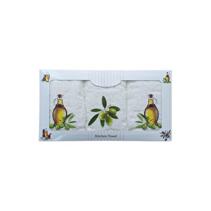 3 Lü Zeytin Baskılı %100 Pamuklu Mutfak Havlusu 30 X 50 Cm Krem