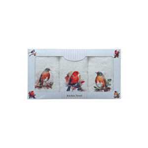 3 Lü Kuş Baskılı %100 Pamuklu Mutfak Havlusu 30 X 50 Cm Krem