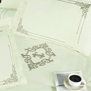Damask Saten Krem Nakışlı Çift Kişilik Nevresim Takımı