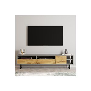 Luga Kapaklı Tv Ünitesi, Tv Sehpası - Metal Siyah Ayak - Gri/kilim Gri