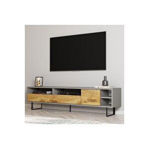 Luga Kapaklı Tv Ünitesi, Tv Sehpası - Metal Siyah Ayak - Gri/kilim Gri