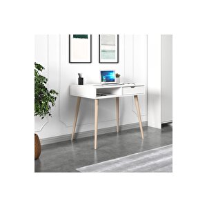 Offer Çalışma Masası, Bilgisayar Masası, Çekmeceli Beyaz, Ahşap Ayak, Ev-ofis Beyaz