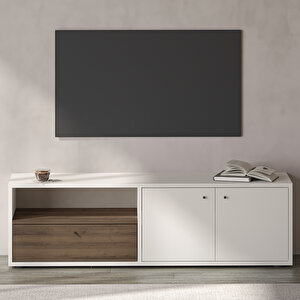 Pao Kapaklı Minimal TV Sehpası – 136 cm Beyaz/Antik Ceviz Beyaz