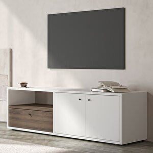Pao Kapaklı Minimal TV Sehpası – 136 cm Beyaz/Antik Ceviz Beyaz