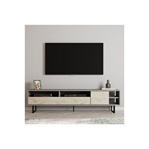 Luga Kapaklı Tv Ünitesi, Tv Sehpası - Metal Siyah Ayak - Gri/traverten Gri