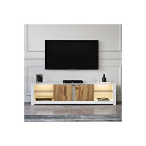 Aydos Işıklı, Cam Raflı Tv Ünitesi Beyaz/kilim, Kapaklı Tv Sehpası, Ev-ofis Beyaz